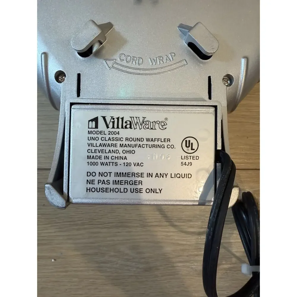 VillaWare Model 2004 Uno Classic 7'' Round Belgian Waffler Maker Power Tested